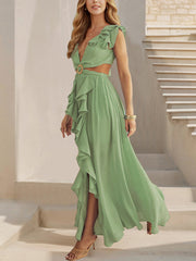 Boho Backless Lace-up Ruffled Cut Out Slit Maxi Dress