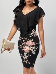 Ruffled Mesh Short Sleeves Floral Bodycon Midi Dress