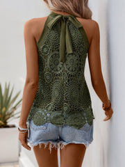 Elegant Floral Lace & Adjustable Straps Solid Color Halter Neck Lace Sleeveless Blouse