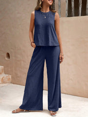 2 Pieces Solid Color Sleeves Top & Wide Leg Pants Lounge Set