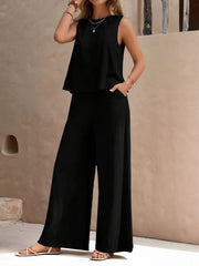 2 Pieces Solid Color Sleeves Top & Wide Leg Pants Lounge Set