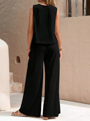 2 Pieces Solid Color Sleeves Top & Wide Leg Pants Lounge Set