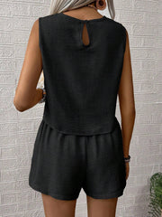 2 Pieces Solid Color Sleeveless Round Neck Top & Shorts Set