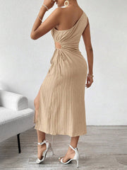 One Shoulder Sleeveless Cut-Out Slit Midi Dress