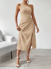 One Shoulder Sleeveless Cut-Out Slit Midi Dress
