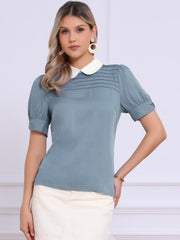 Pleated Contrast Peter Pan Collar Puff Short Sleeve Blouse