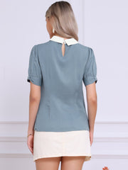Pleated Contrast Peter Pan Collar Puff Short Sleeve Blouse