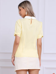 Pleated Contrast Peter Pan Collar Puff Short Sleeve Blouse