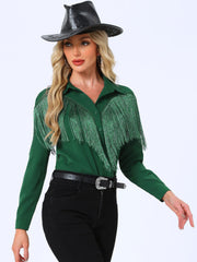 Glitter Fringe Long Sleeve Button Down Disco Party Cowgirl Blouse