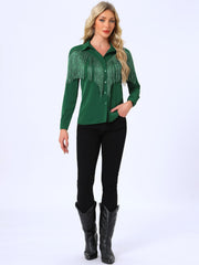 Glitter Fringe Long Sleeve Button Down Disco Party Cowgirl Blouse