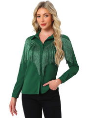 Glitter Fringe Long Sleeve Button Down Disco Party Cowgirl Blouse