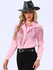 Glitter Fringe Long Sleeve Button Down Disco Party Cowgirl Blouse
