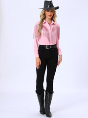 Glitter Fringe Long Sleeve Button Down Disco Party Cowgirl Blouse