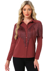 Glitter Fringe Long Sleeve Button Down Disco Party Cowgirl Blouse