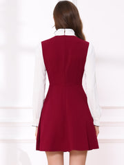 Patchwork Contrast Color Long Sleeve Tie Neck Mini Dress