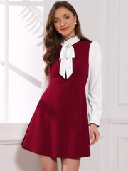 Patchwork Contrast Color Long Sleeve Tie Neck Mini Dress