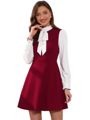 Patchwork Contrast Color Long Sleeve Tie Neck Mini Dress