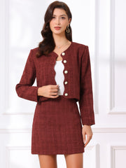 2 Pieces Tweed Long Sleeves Cropped Jacket & Mini Pencil Skirt Set