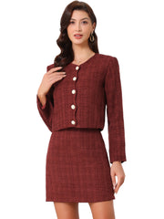 2 Pieces Tweed Long Sleeves Cropped Jacket & Mini Pencil Skirt Set