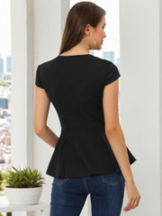 Elegant Round Neck Solid Color Cap Sleeve Peplum Blouse