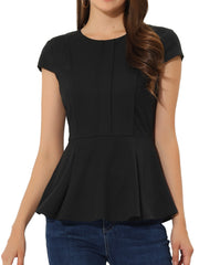 Elegant Round Neck Solid Color Cap Sleeve Peplum Blouse