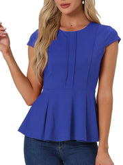 Elegant Round Neck Solid Color Cap Sleeve Peplum Blouse