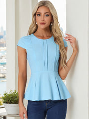 Elegant Round Neck Solid Color Cap Sleeve Peplum Blouse