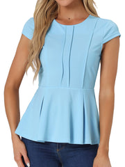 Elegant Round Neck Solid Color Cap Sleeve Peplum Blouse