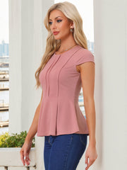 Elegant Round Neck Solid Color Cap Sleeve Peplum Blouse