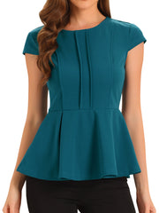 Elegant Round Neck Solid Color Cap Sleeve Peplum Blouse