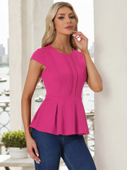 Elegant Round Neck Solid Color Cap Sleeve Peplum Blouse