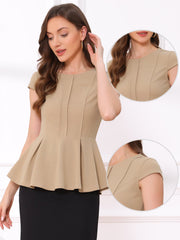 Elegant Round Neck Solid Color Cap Sleeve Peplum Blouse