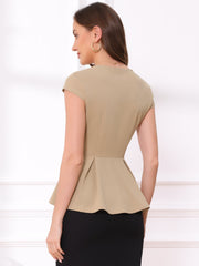 Elegant Round Neck Solid Color Cap Sleeve Peplum Blouse