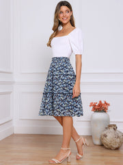 Floral Smocked Elastic Waist Knee Length Ruffle Tiered Skirt