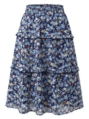 Floral Smocked Elastic Waist Knee Length Ruffle Tiered Skirt