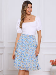 Floral Smocked Elastic Waist Knee Length Ruffle Tiered Skirt