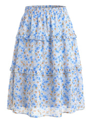 Floral Smocked Elastic Waist Knee Length Ruffle Tiered Skirt
