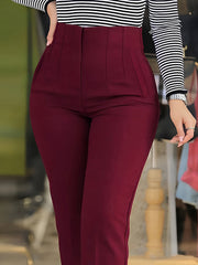 Slim Fit Solid Color Pleated Straight Leg Casual Pants