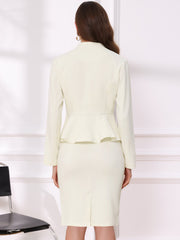 2 Piece Long Sleeve Collarless Peplum Blazer and Pencil Skirt Work Suit Set