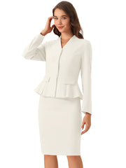 2 Piece Long Sleeve Collarless Peplum Blazer and Pencil Skirt Work Suit Set