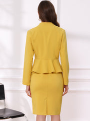2 Piece Long Sleeve Collarless Peplum Blazer and Pencil Skirt Work Suit Set