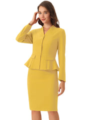2 Piece Long Sleeve Collarless Peplum Blazer and Pencil Skirt Work Suit Set