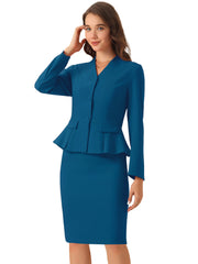 2 Piece Long Sleeve Collarless Peplum Blazer and Pencil Skirt Work Suit Set