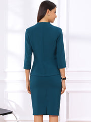 2 Pieces Collarless 3/4 Sleeves Blazer and Pencil Skirt Office Work Business Suit Set