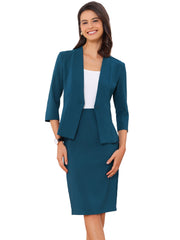 2 Pieces Collarless 3/4 Sleeves Blazer and Pencil Skirt Office Work Business Suit Set