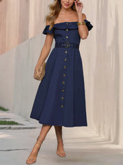 Off Shoulder Button Down Belted A-Line Dress
