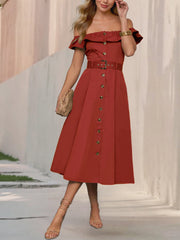 Off Shoulder Button Down Belted A-Line Dress