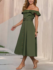 Off Shoulder Button Down Belted A-Line Dress