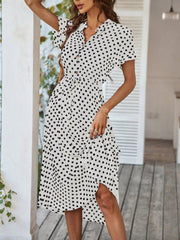 Polka Dot Short Sleeves Button Midi Shirt Dress