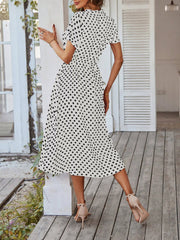 Polka Dot Short Sleeves Button Midi Shirt Dress